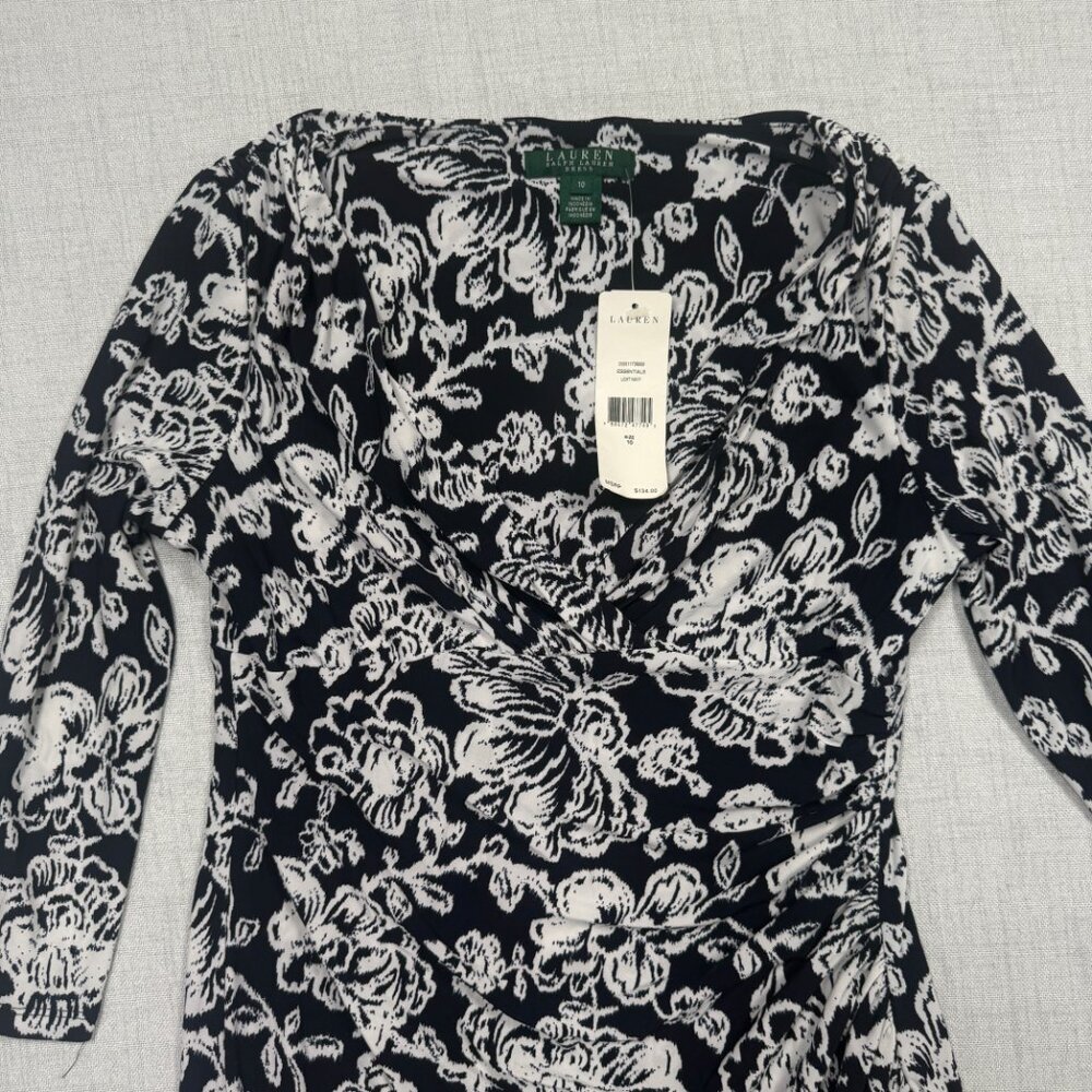 Lauren Ralph Lauren Dress Floral Print Cowl Neck Light Navy Stretch Size 10 NWT - Picture 3 of 10